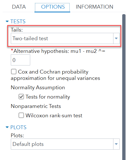 SAS Toolbar options with Tails set as Two-Tailed test