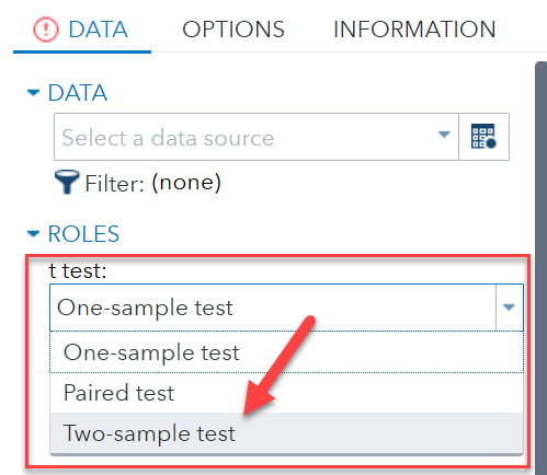 SAS Toolbar Data with Roles t-test dropdown highlighted