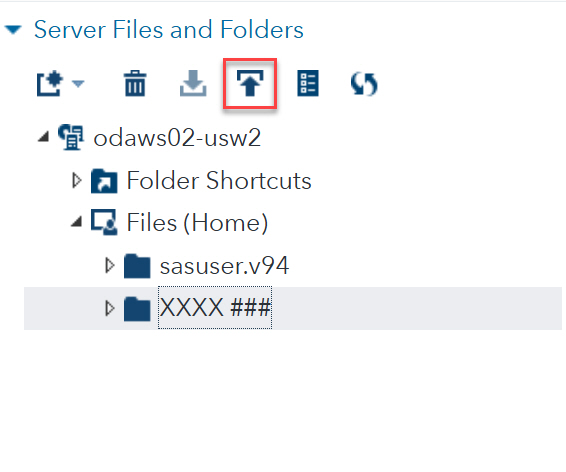 SAS Server Files and Folders screen with Upload button highlighted