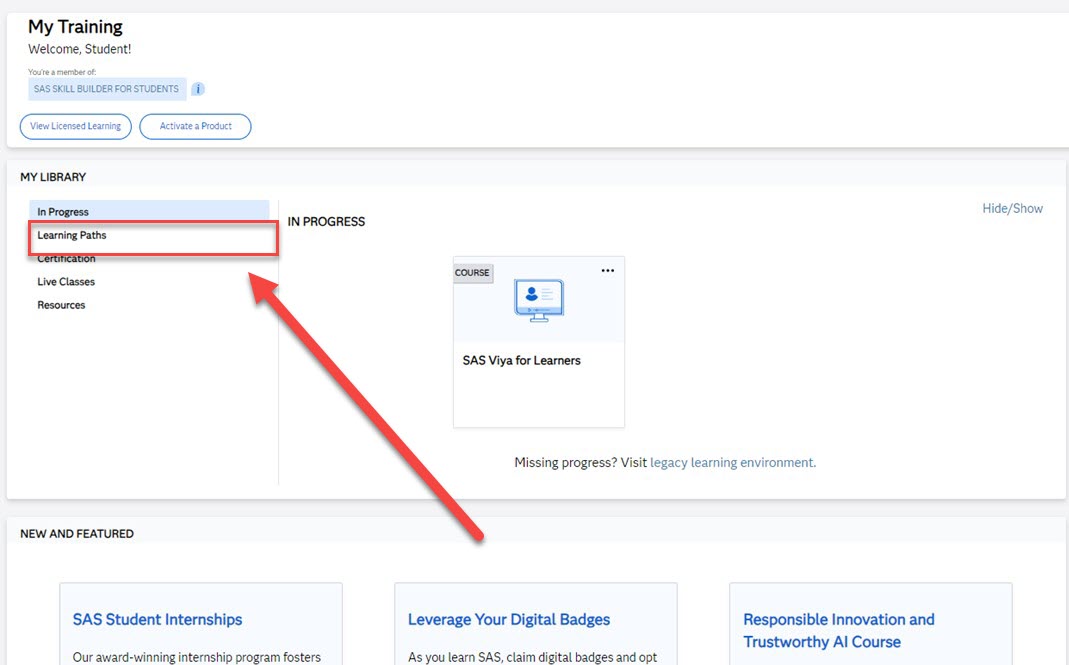 My Training page with Learning Paths highlighted for selection under My Library