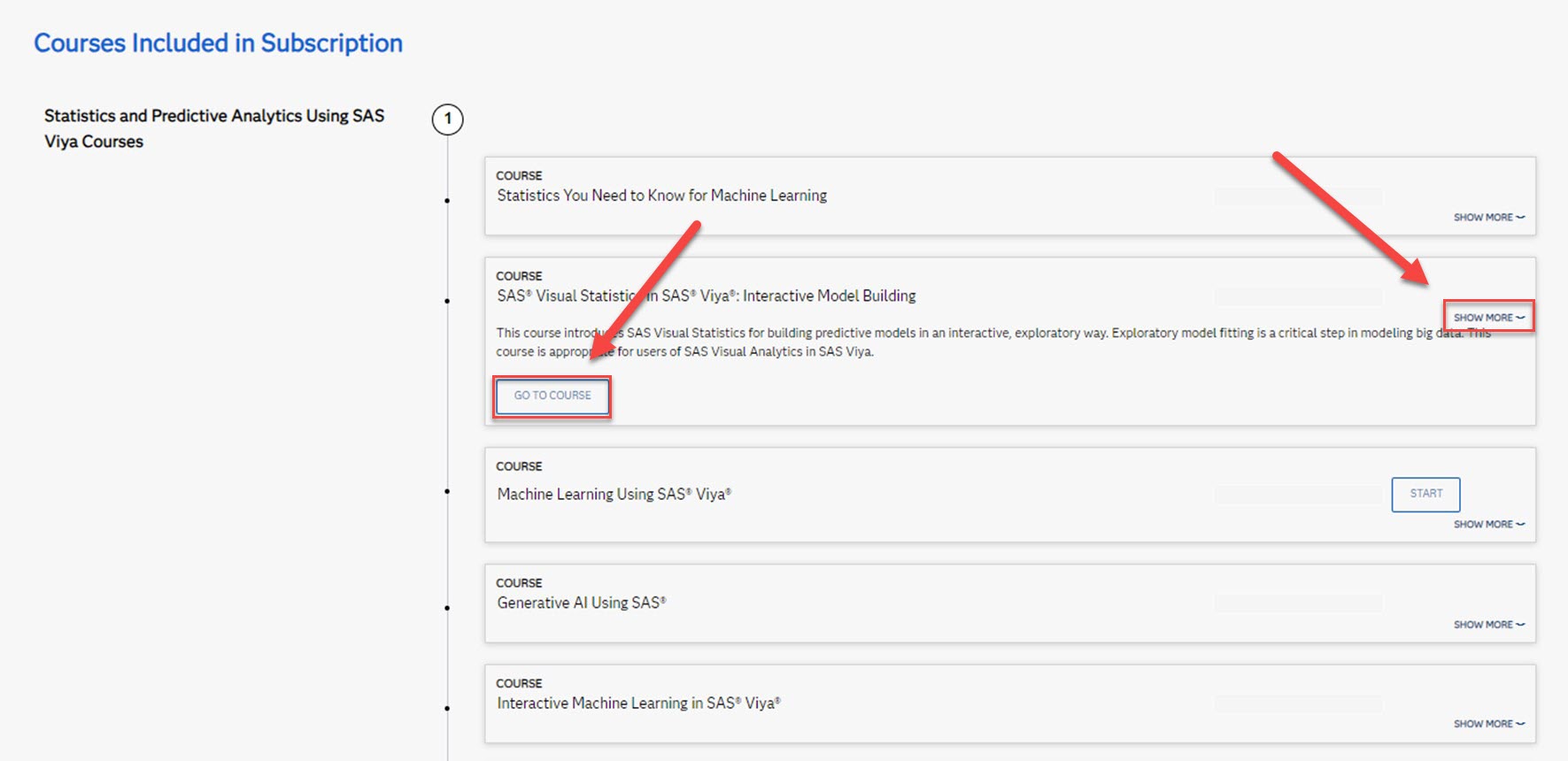 Show More selected for SAS Visual Analytics 1 for SAS Viya: Basics and Go to Course highlighted for selection