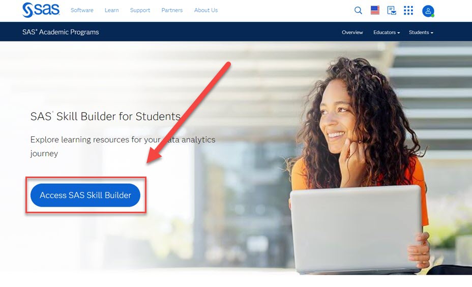 SAS Skill Builder for Students screen with Access SAS Skill Builder highlighted for selection
