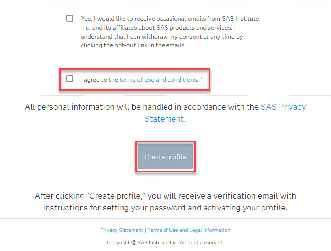 I agree to terms of use checkbox and Create profile button highlighted for selection