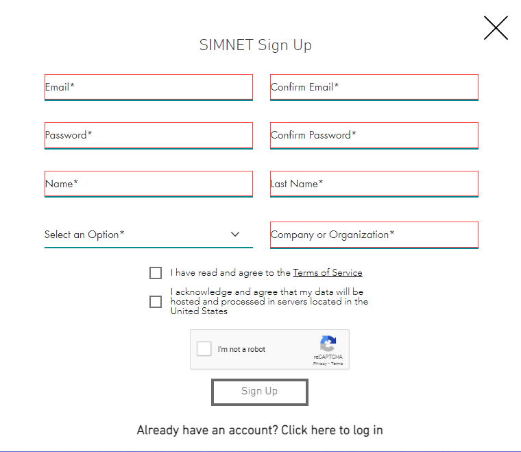 SIMNET Sign up page to fill out user information