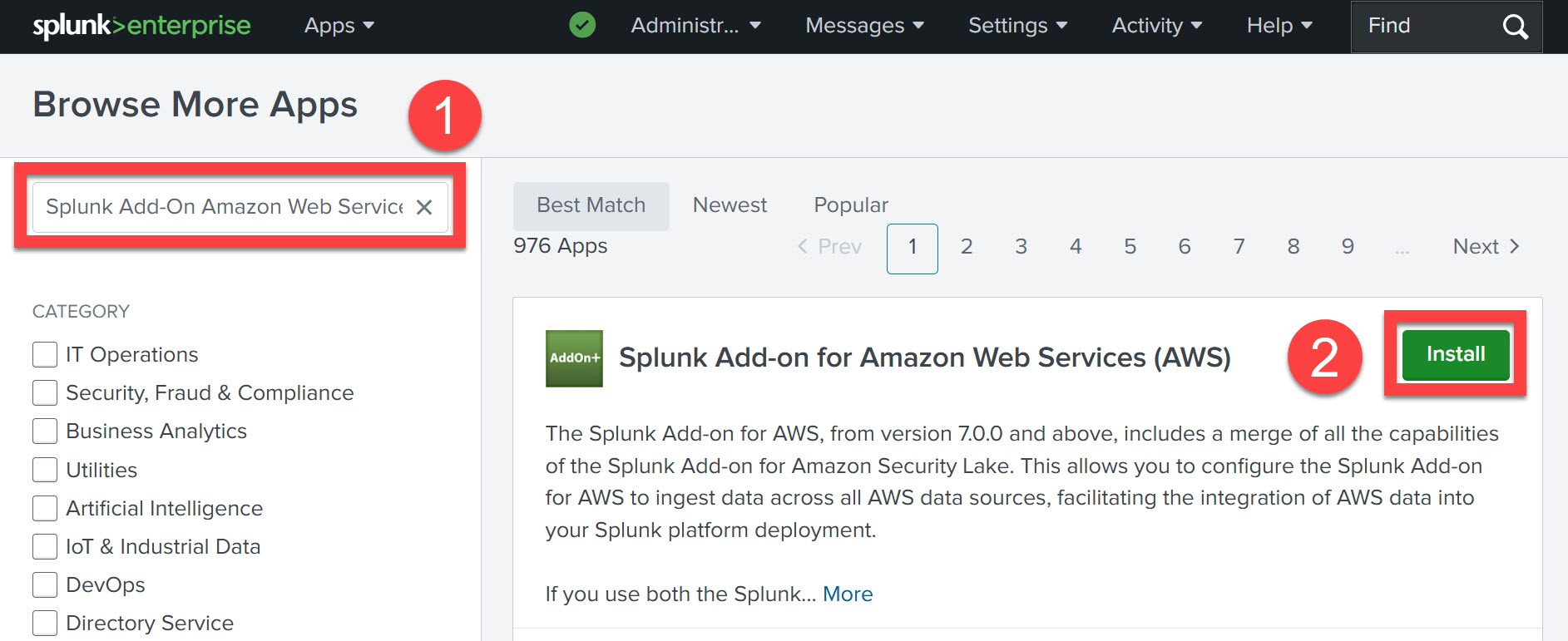 Splunk app/add-on search bar labeled 1, Install button for chosen app/add-on labeled 2