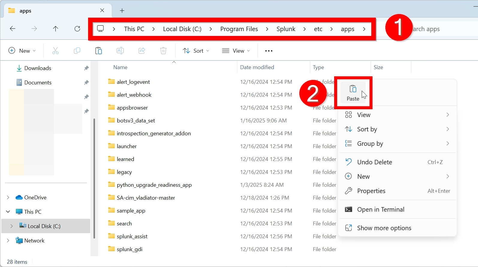 In Splunk folder, apps folder outlined