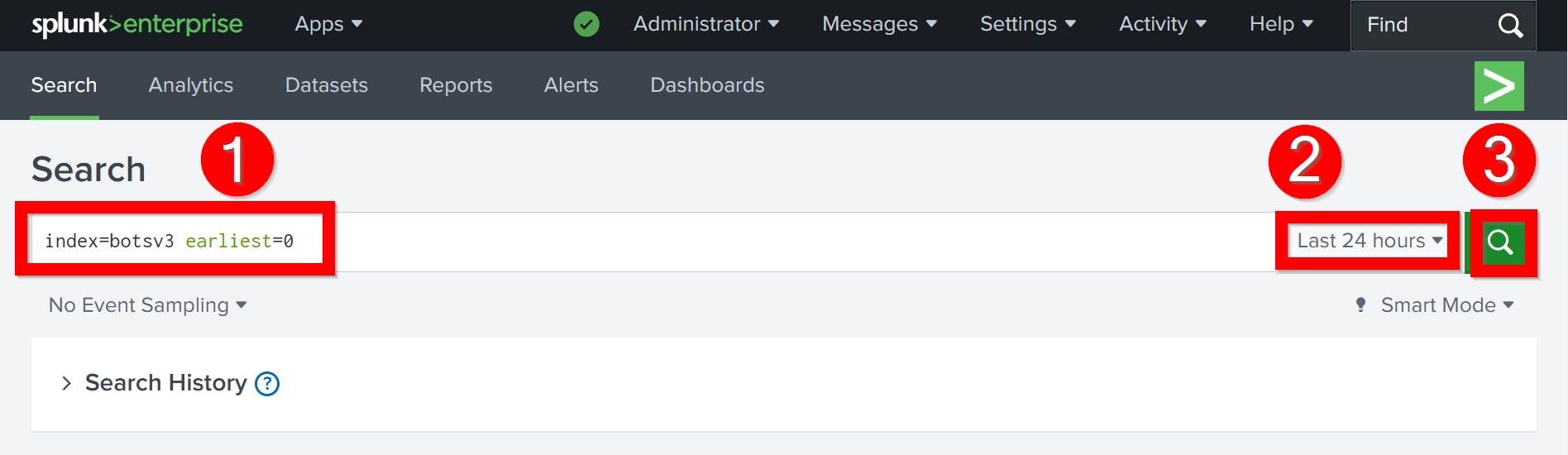 Search for data outlined labeled 1, time frame for search labeled 2, search button labeled 3. Search button and time frame are outlined together