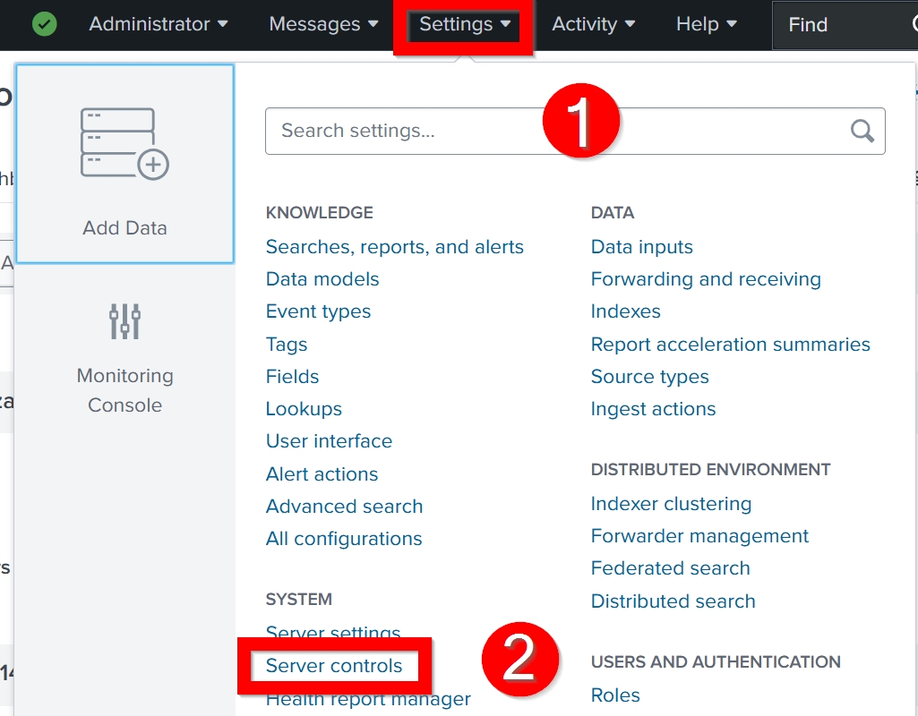 Settings button outlined and labeled 1 in splunk top navigation, under system Server controls outlined and labeled 2