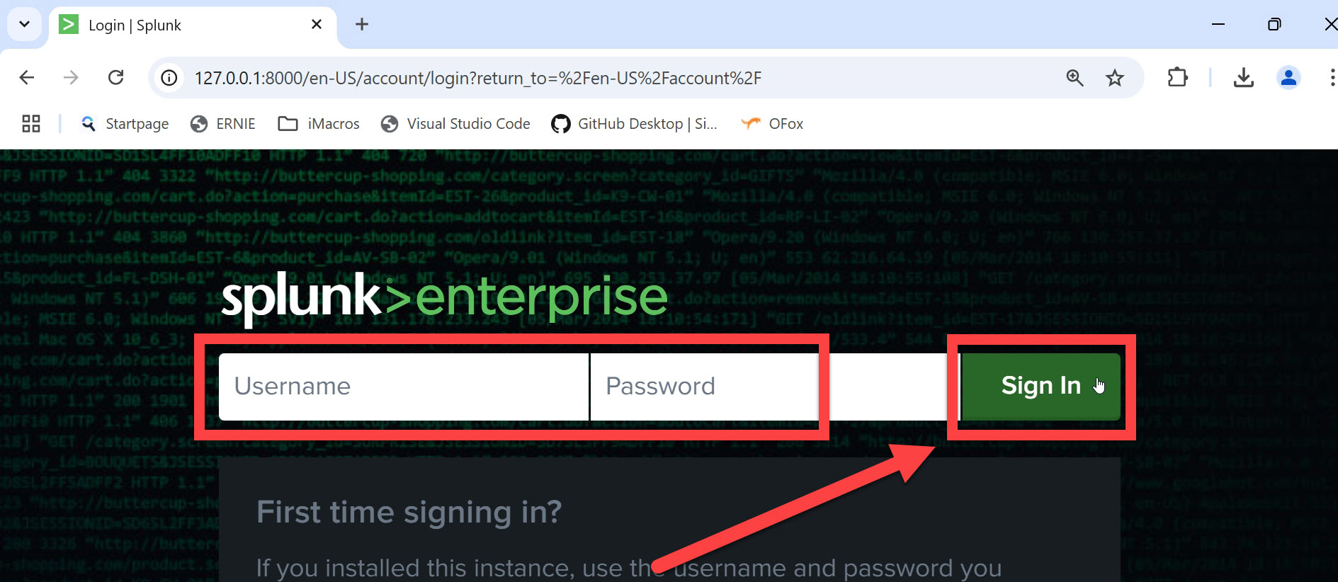 Splunk Enterprise splunk instance opened in chrome to Username and password login