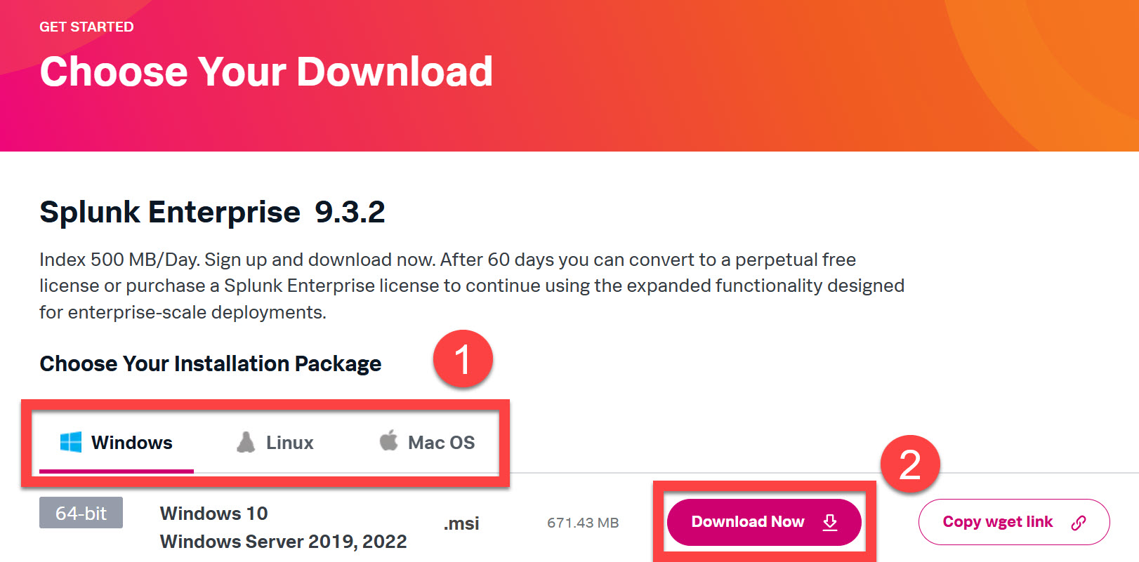 Choose platform for download outlined as first step, once chosen select download now button outlined as second step