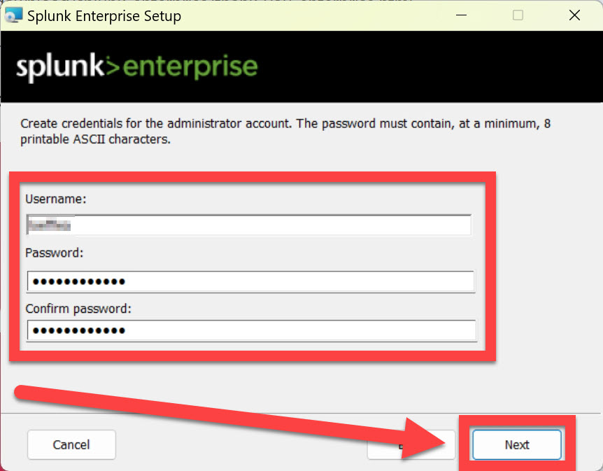 Splunk Enterprise Installer License Agreement check box with arrow, run as admin button outlined