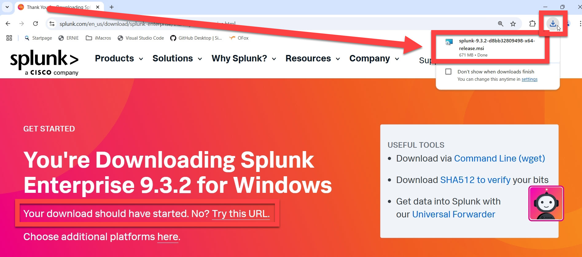 Splunk Enterprise Installer License Agreement check box with arrow, run as admin button outlined