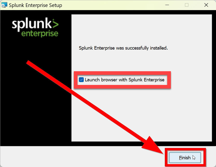 Splunk Enterprise Setup administrative Install button outlined with arrowed option to create start menu shortcut