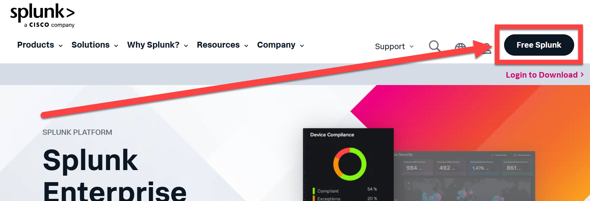 Splunk website free splunk button outlined for download of free splunk