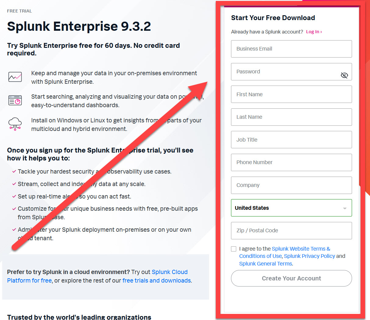 Splunk Registration outlined to complete, arrow pointed to software download button for splunk after initial registration is completed