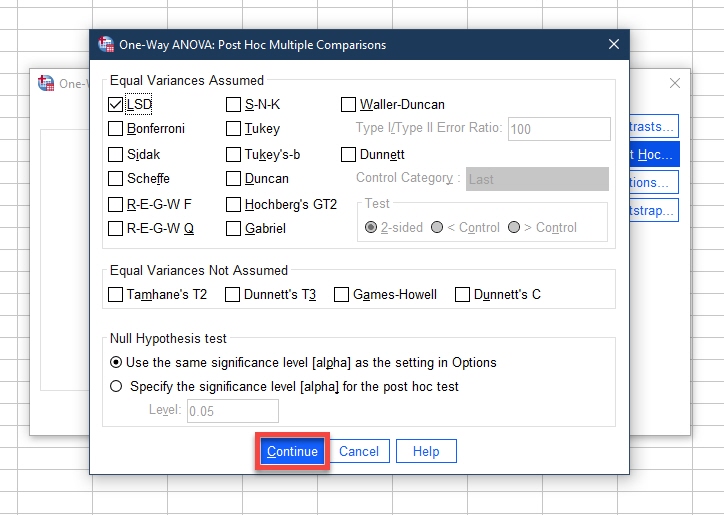 IBM SPSS One Way ANOVA Post Hoc Multiple Comparisons window with Continue button highlighted