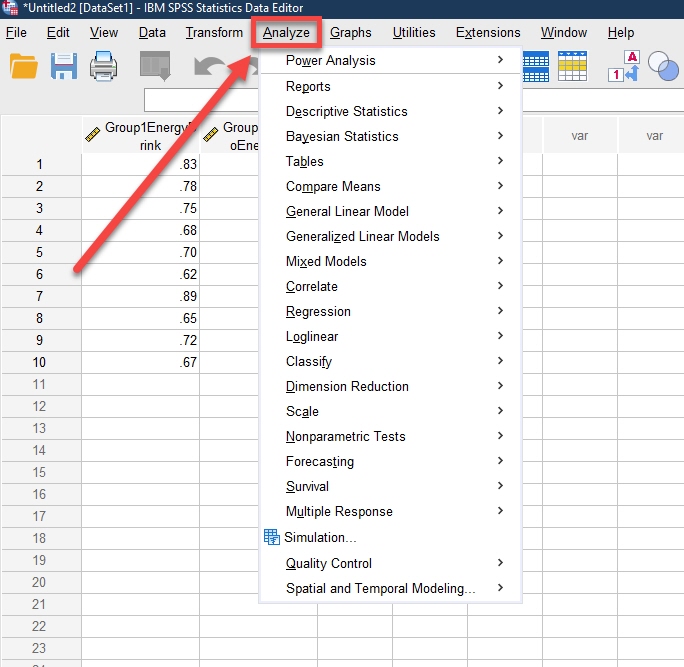 IBM SPSS Statistics Data Editor Page with Analyze tab opened