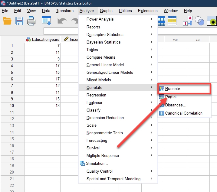 IBM SPSS Stastics Data Editor with Analyze tab and Correlate dropdown opened with Bivariate highlighted