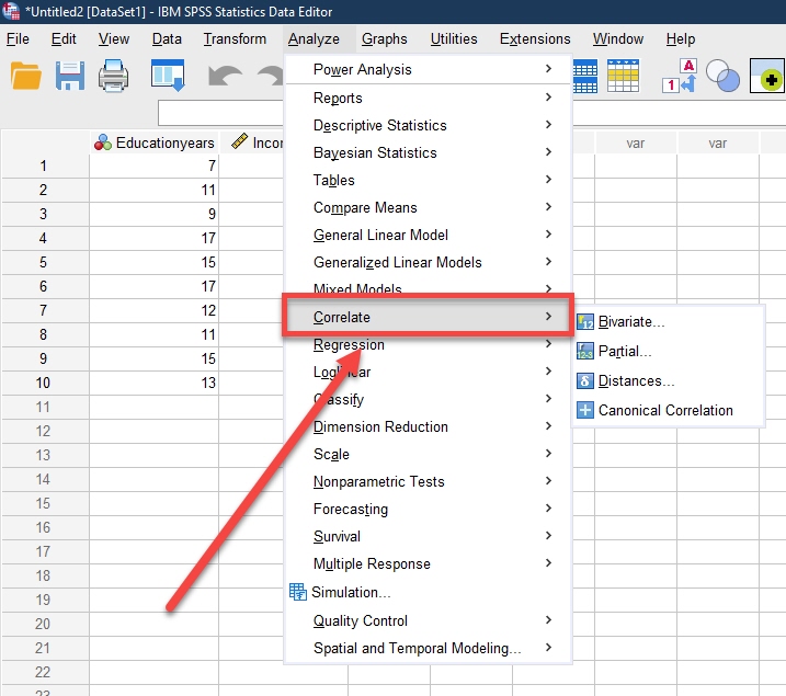 IBM SPSS Statistics Data Editor with Analyze tab opened and Correlate highlighted