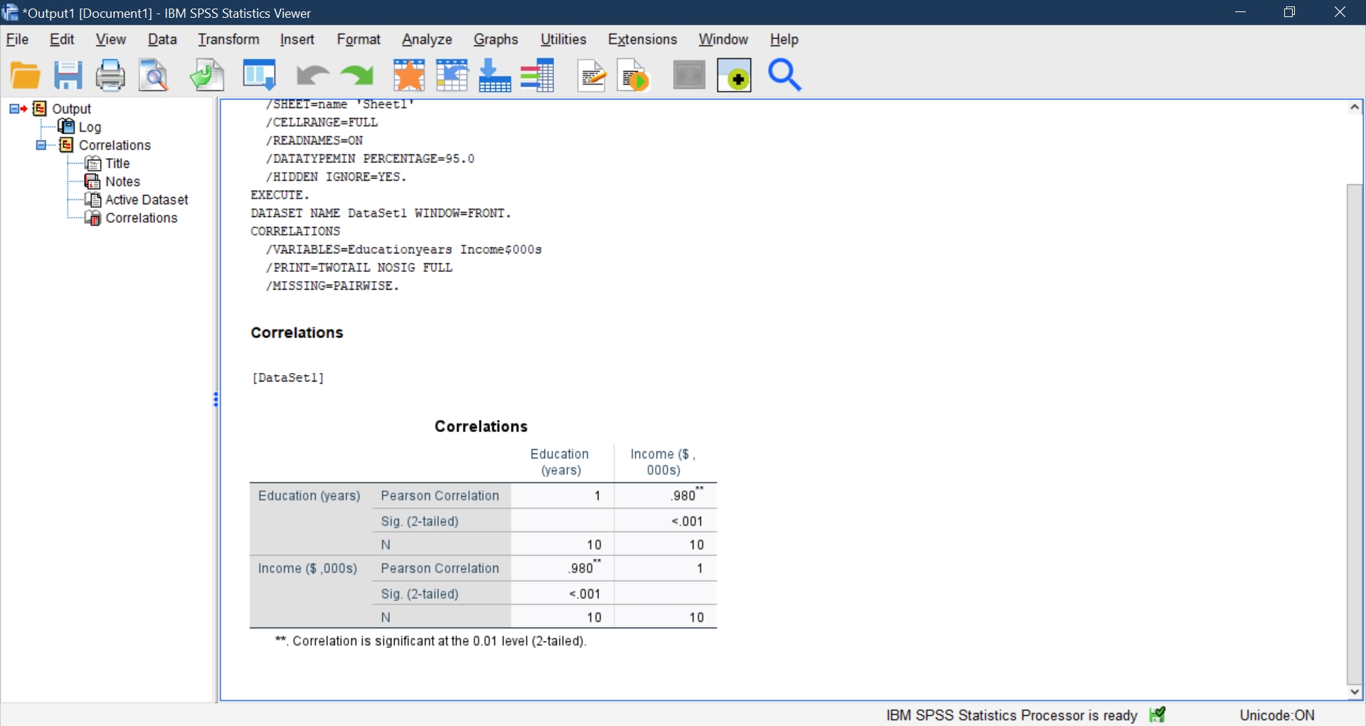 IBM SPSS Statistics Viewer with Correlation results shown