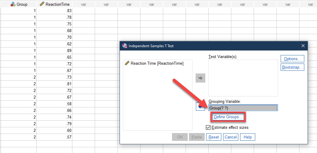 IBM SPSS Statistics Data Editor with Independent-Samples T Test page opened and Define Groups button highlighted