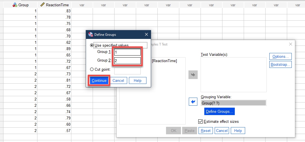 IBM SPSS Statistics Data Editor with Define Groups window opened with specified value of groups and Continue button highlighted