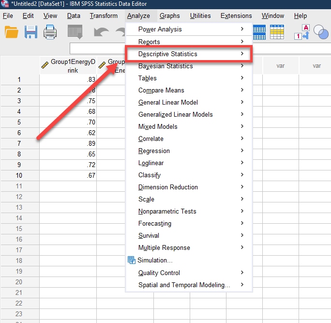IBM SPSS Statistics Data Editor Page with Analyze tab opened and Descriptive Statistics dropdown highlighted