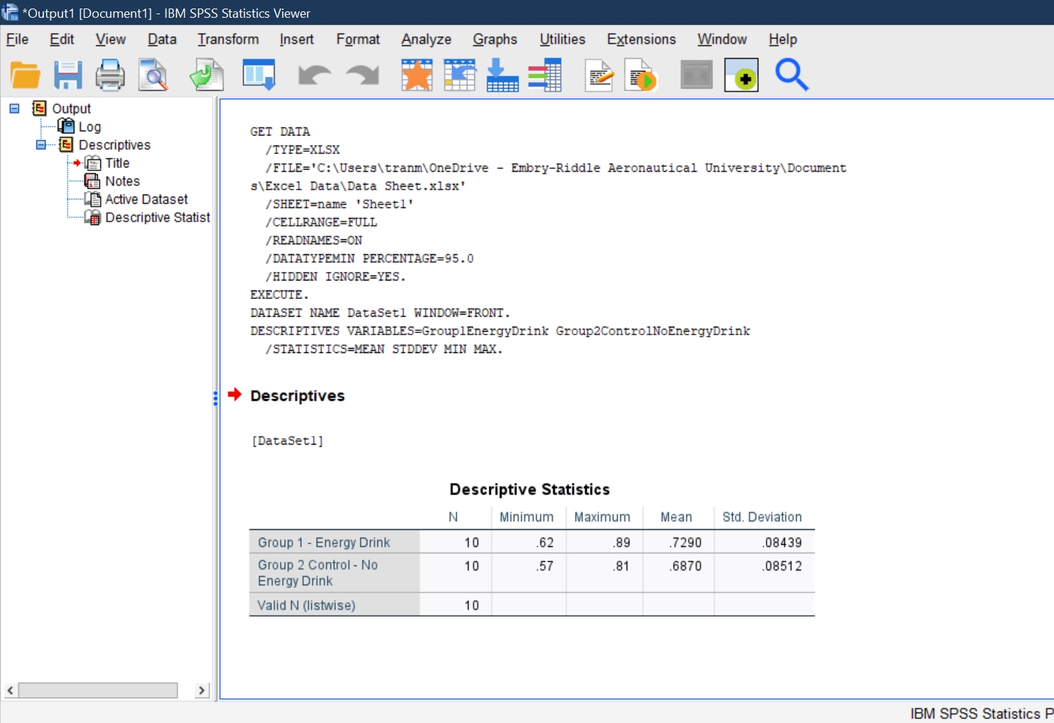 IBM SPSS Data Editor page with Descriptive statistics results shown