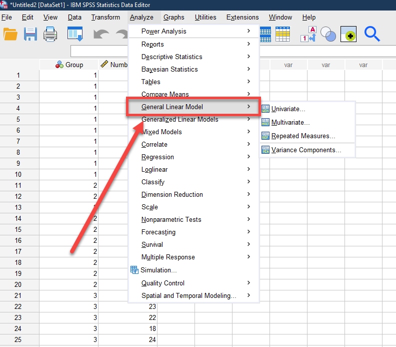 IBM SPSS Data Editor with Analyze tab opened and General Linear Model highlighted