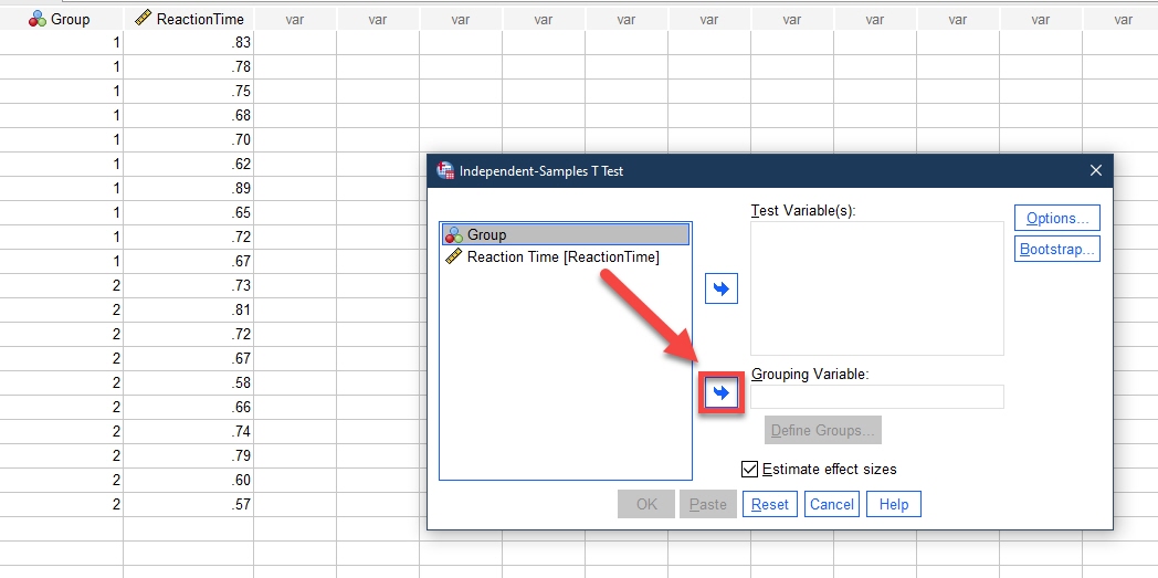 IBM SPSS Statistics Data Editor with Independent-Samples T Test page opened and Blue Arrow into Grouping Variable highlighted