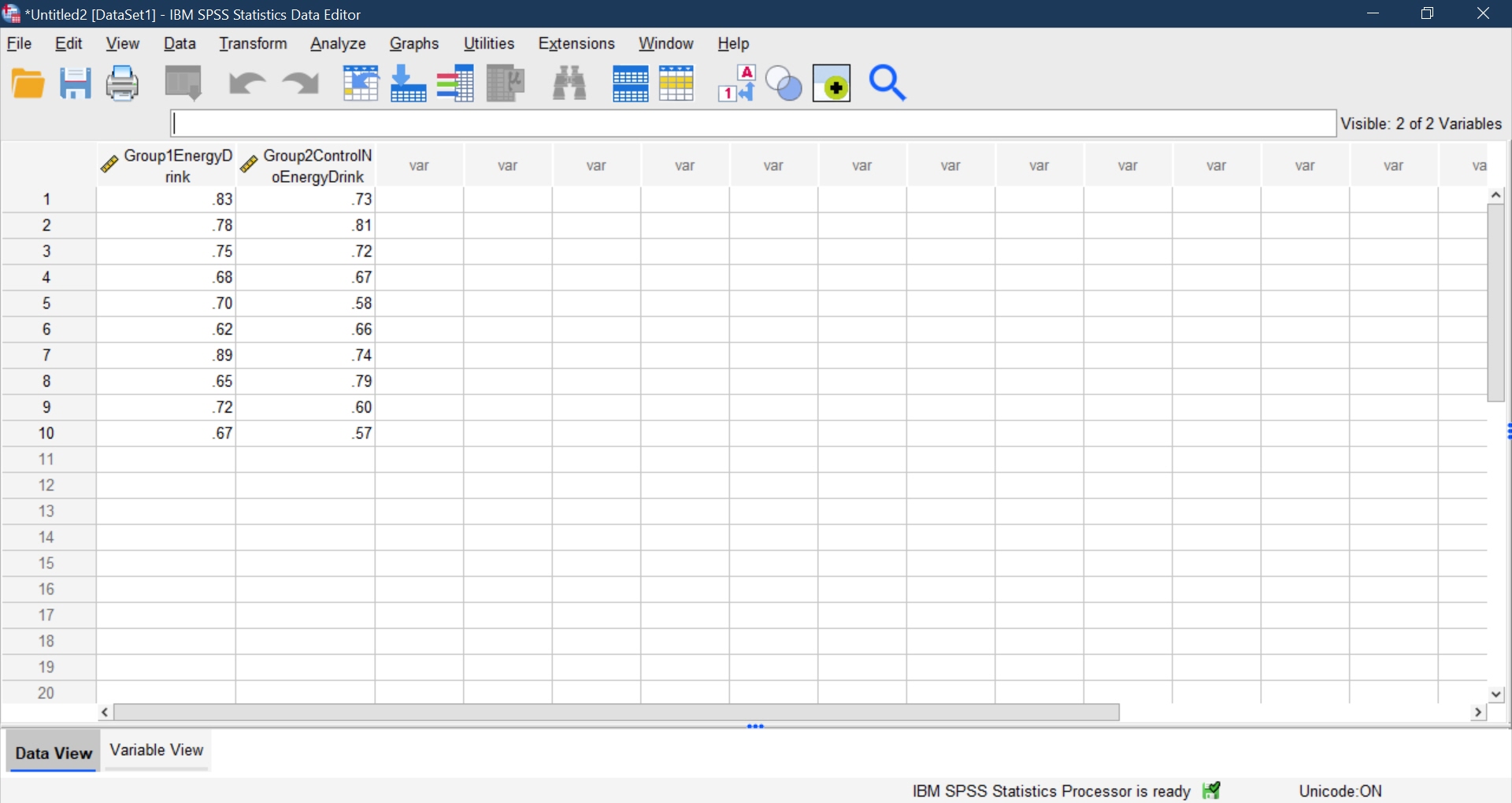 IBM SPSS Data Editor Page with excel data displayed