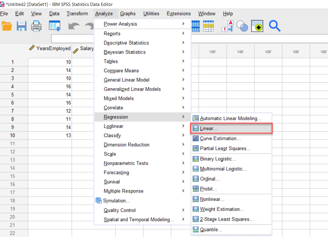 IBM SPSS Statistics Data Editor with Analyze tab and Regression dropdown opened with Linear highlighted