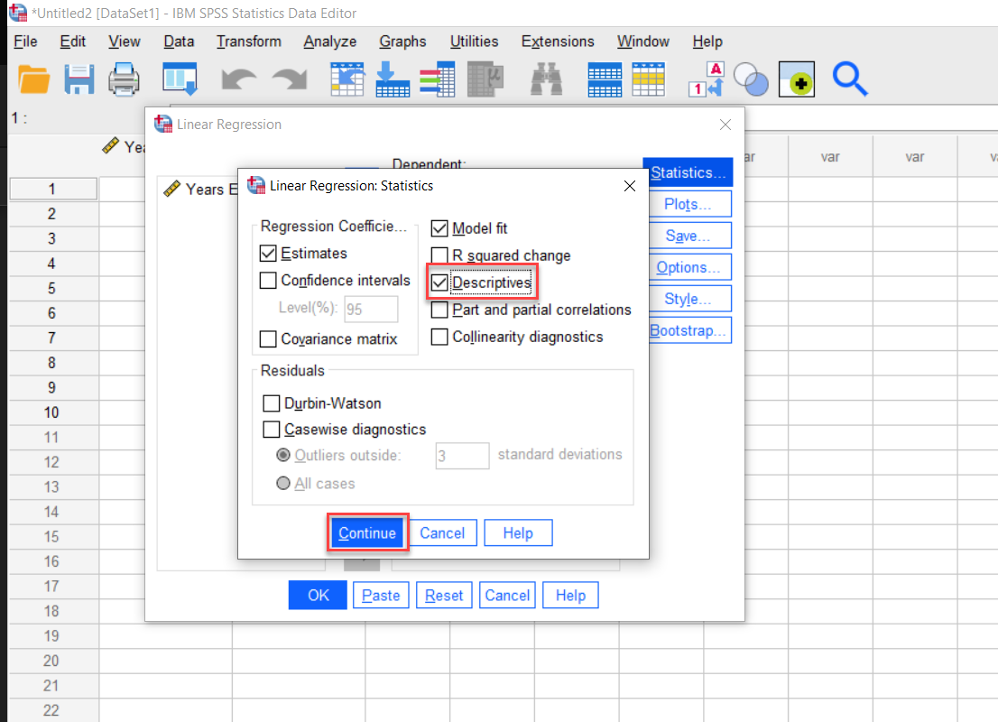 IBM SPSS Linear Regression Statistics options with Descriptives checkbox and Continue button highlighted