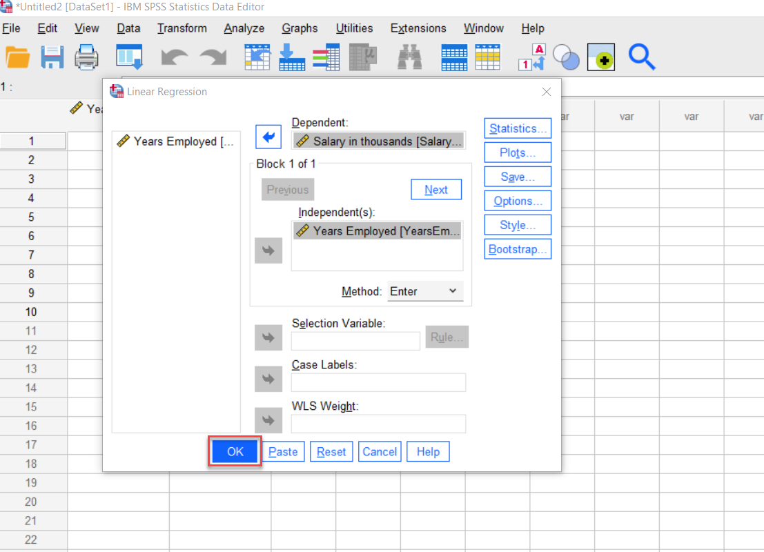 IBM SPSS Statistics Linear Regression options with OK button highlighted