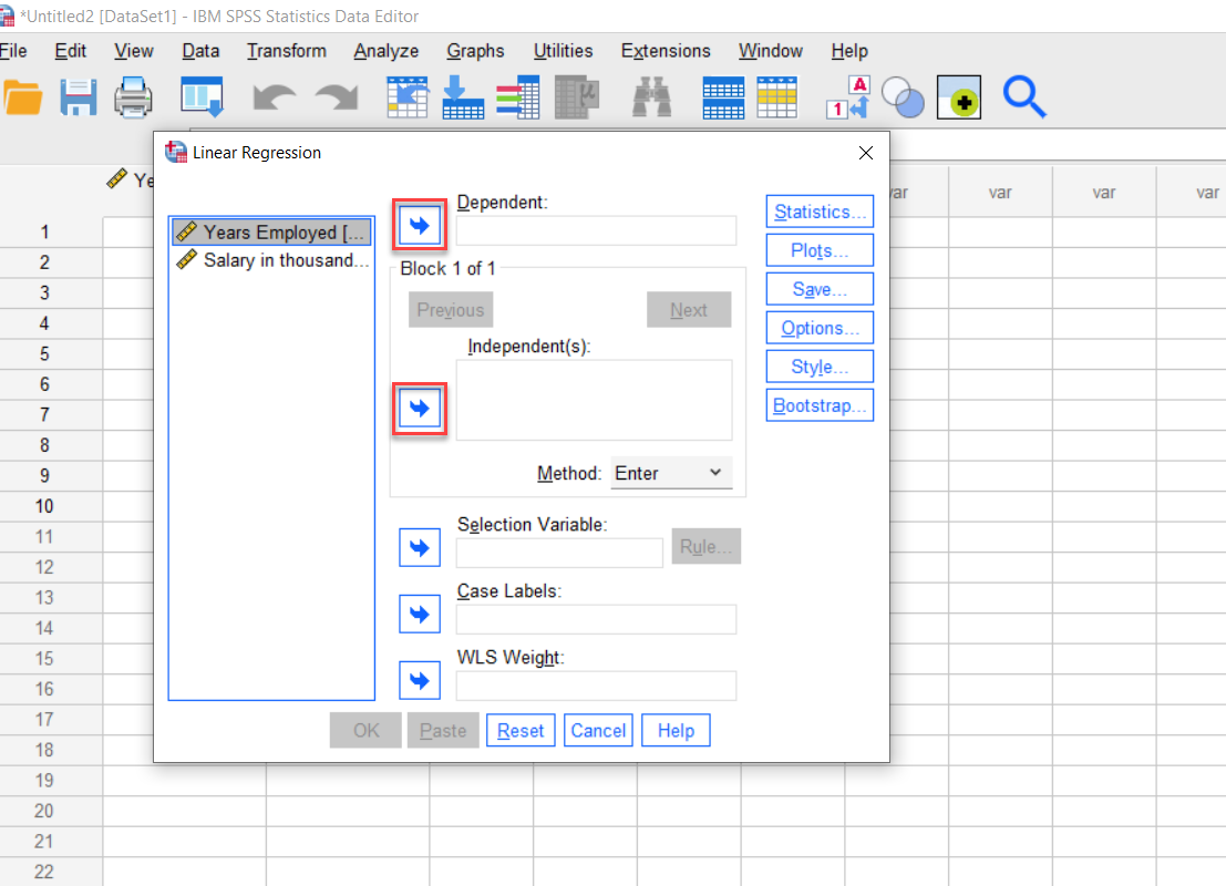 IBM SPSS Statistics Linear Regression window with Blue Arrows highlighted