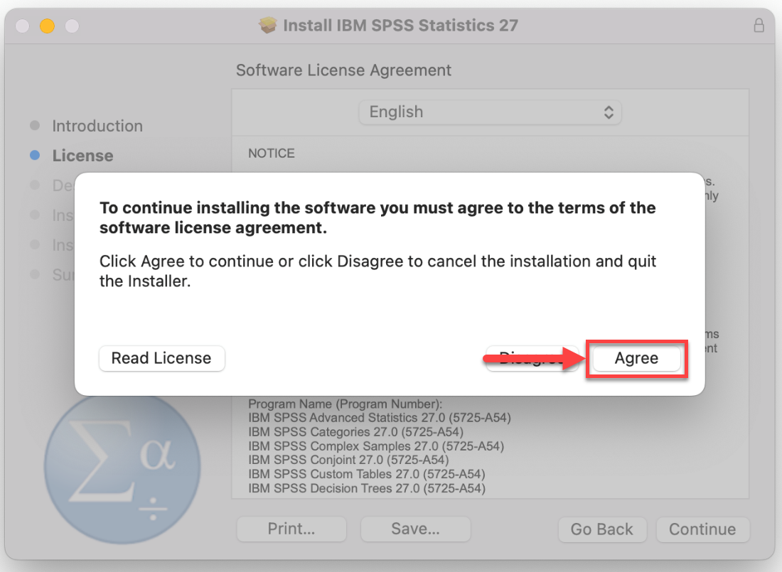 SPSS Install Wizard with prompt for agreeing to the License Agreement with Agree button highlighted