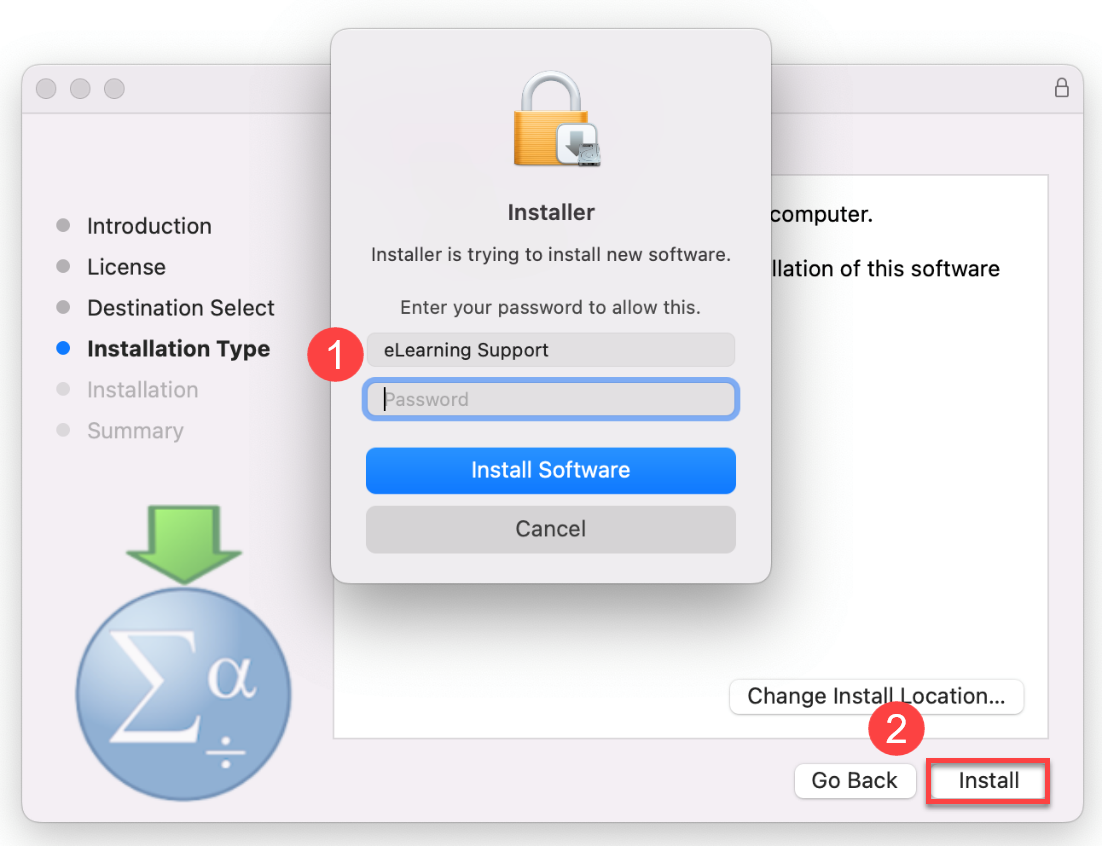 Mac Security prompt to allow installation with Password input and Install Software button highlighted