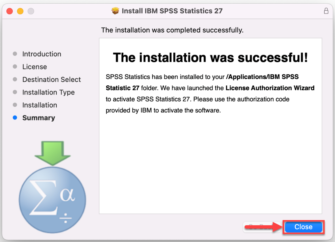 SPSS Installtion Successful Screen with Close button highlighted