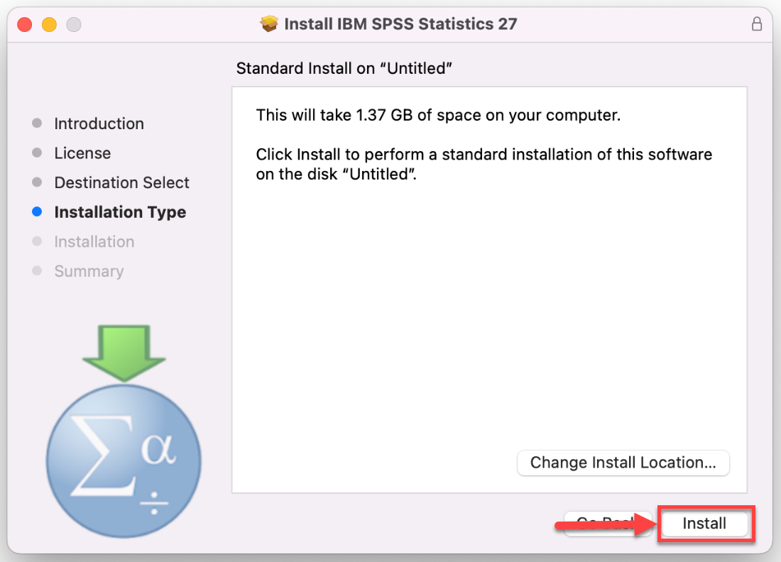 SPSS Install Wizard Installation Location Confirmation screen with Install button highlighted