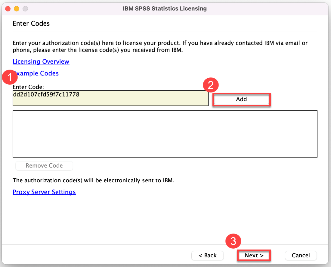 SPSS Licensing screen with code entered, Add and Next button Highlighted