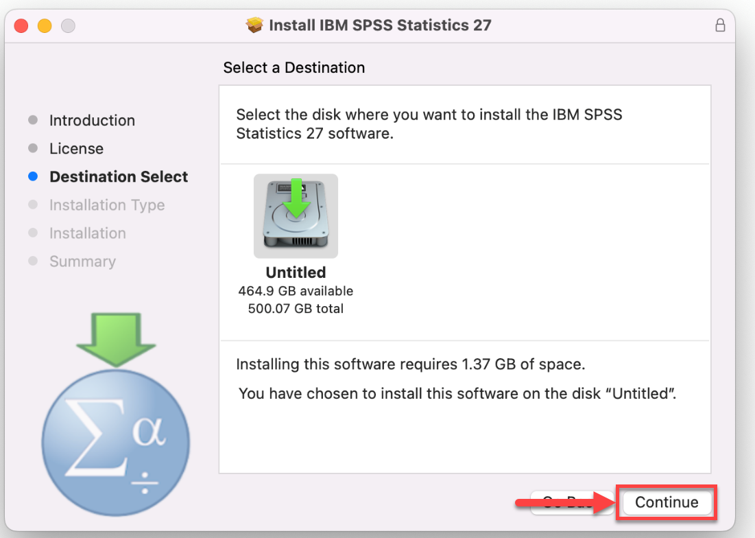 SPSS Install Wizard installation location screen with Continue button highlighted