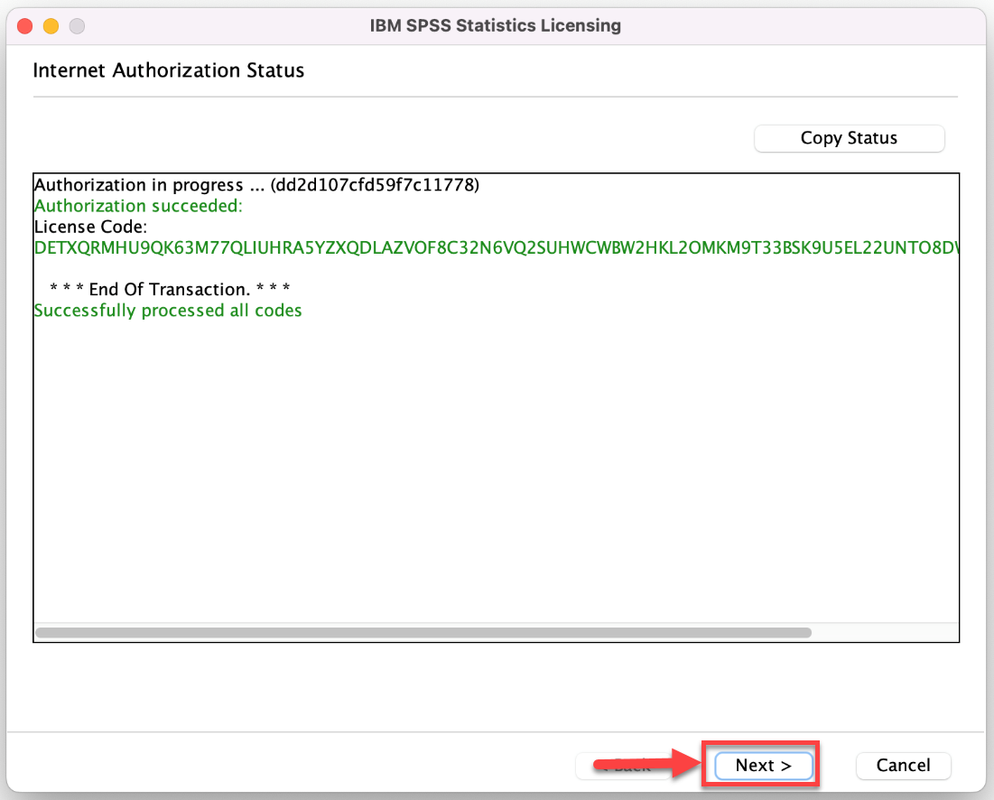 SPSS Licensing success screen with Next button highlighted