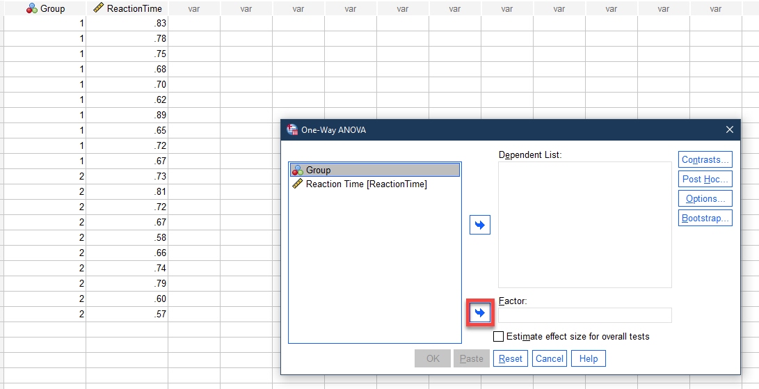 IBM SPSS One-Way ANOVA page with factor Blue Arrow Highlighted