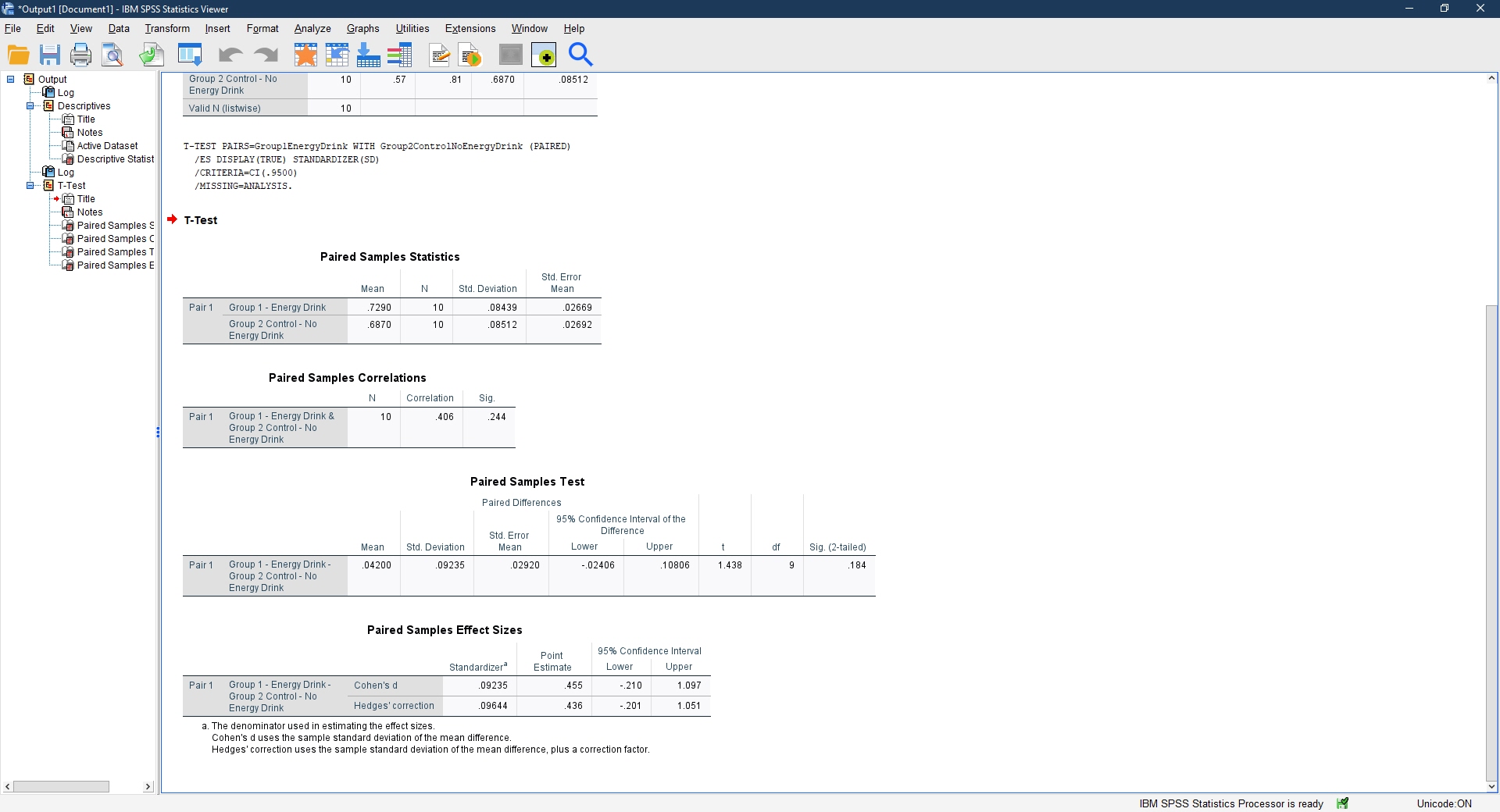 IBM SPSS Statistics Viewer with results of the Paired Sample T Test