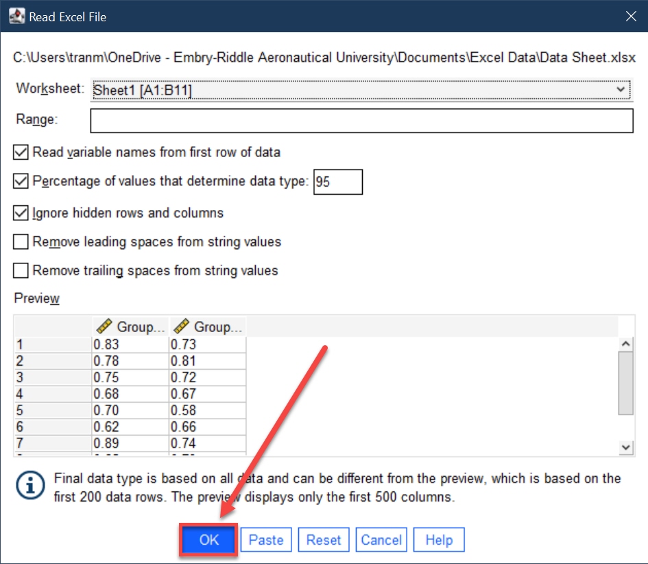 IBM SPSS Read Excel File page with OK button highlighted
