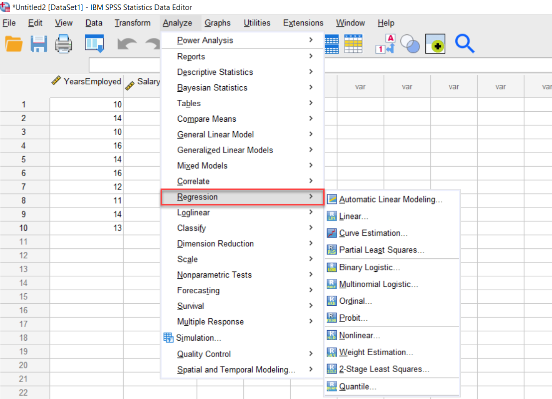 IBM SPSS Statistics Data Editor with Analyze tab opened and Regression highlighted