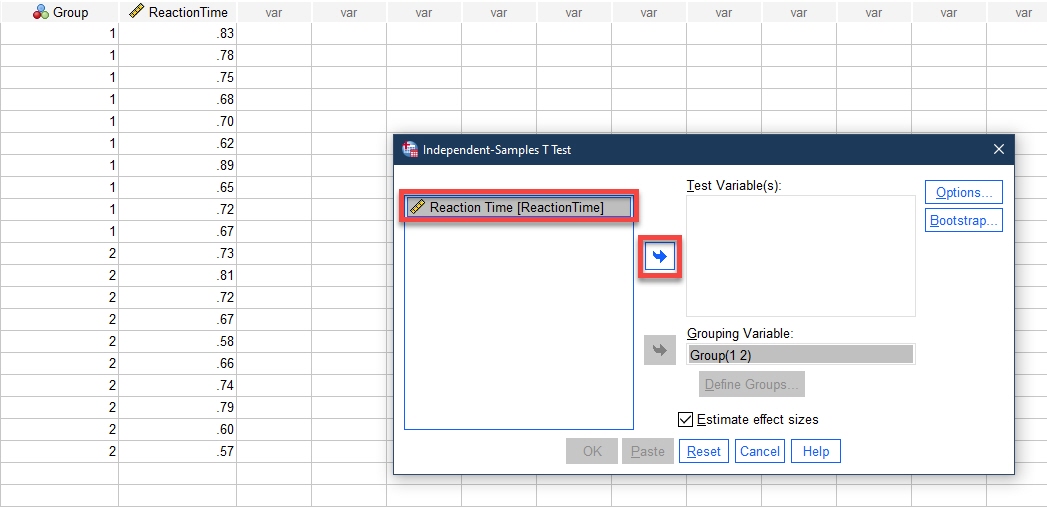 IBM SPSS Statistics Data Editor with Independent-Samples T Test page opened with Score variable and the Blue Arrow highlighted 
