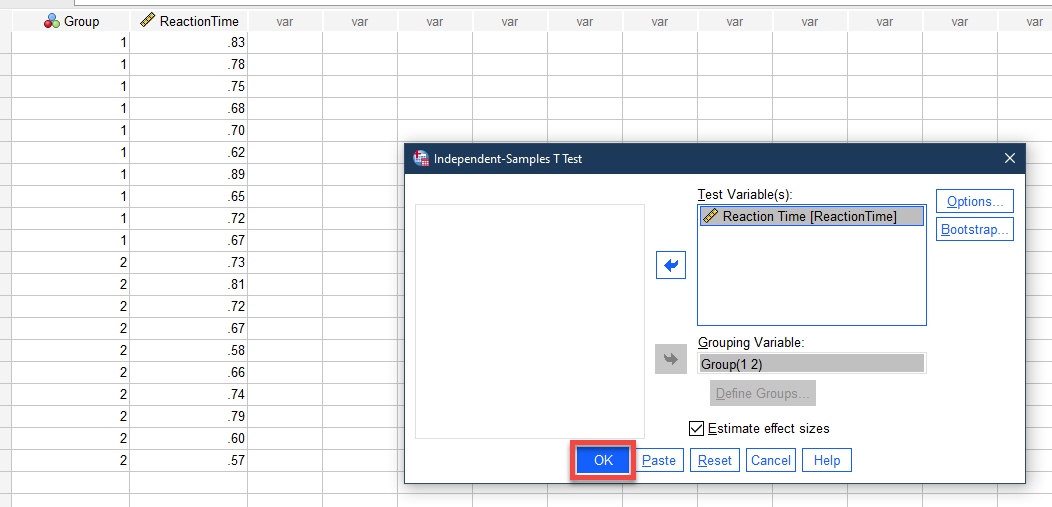 IBM SPSS Statistics Data Editor with Independent-Samples T Test page opened with OK button highlighted