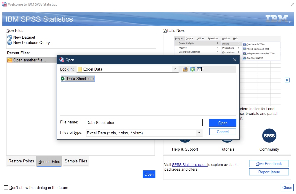 IBM SPSS file explorer with file selected and open button highlighted