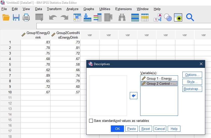 IBM SPSS Data Editor Page with Descriptives window open with variables selected